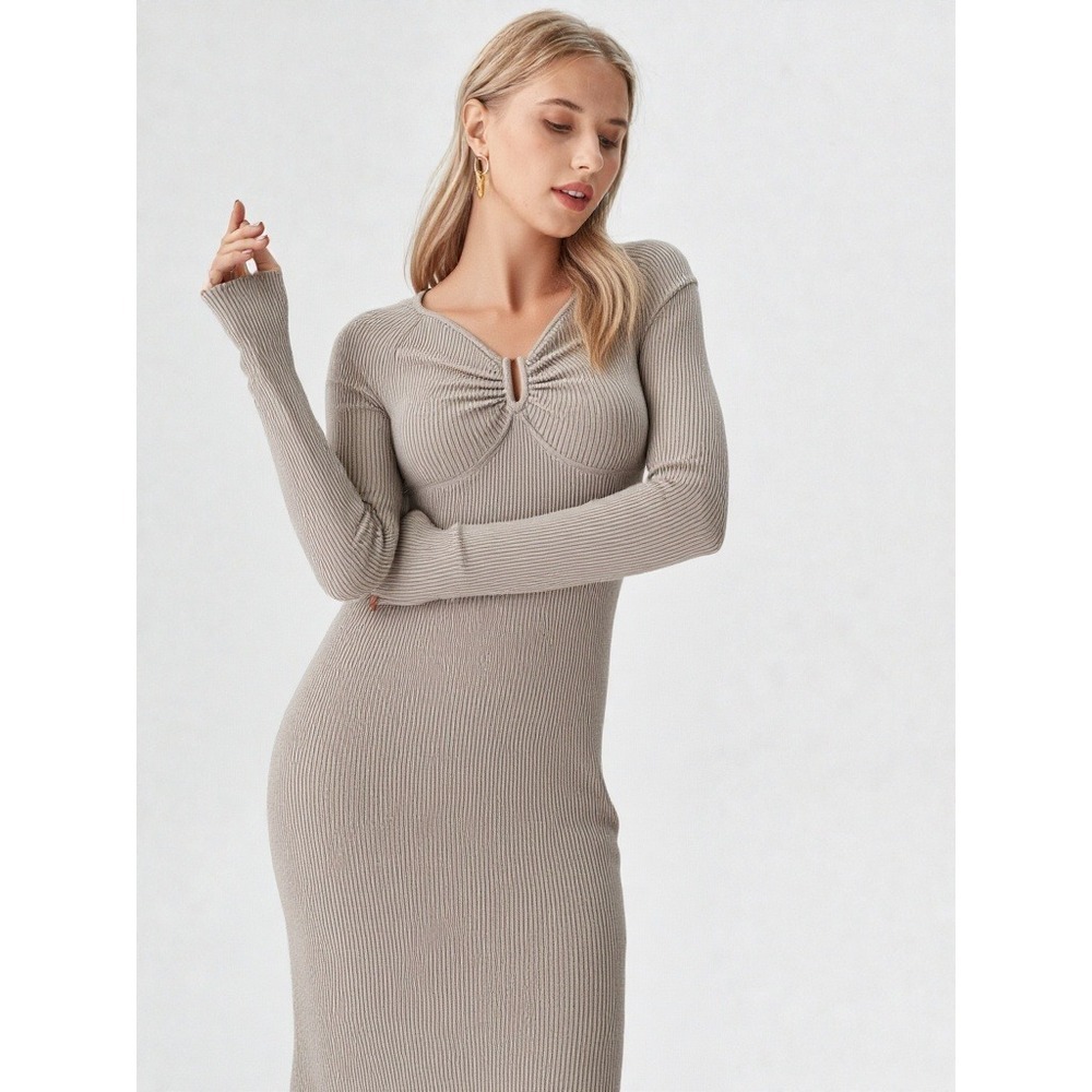 Willow & Wind Heathe Oatm knit Midi Dress V Neck Twist Detail Long Sleeve Size M